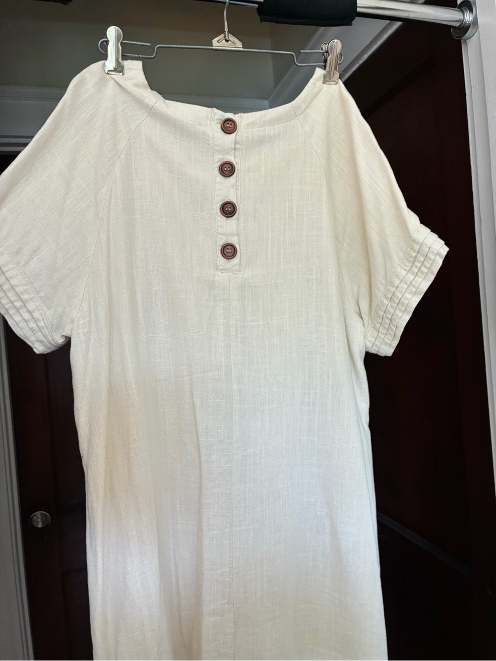 Cream Short Sleeve Button-Back Mini Dress Linen